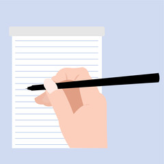 A hand writing in a notebook with a black pen, essential tool for field journalists, flat art design style.
