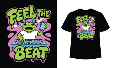 Fototapeta premium Groovy frog dj in headphones rocks the party with neon pink and green feel the beat design