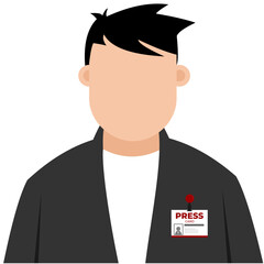 Male journalist wearing a press card on his shirt, ready for field reporting, flat art design style.
