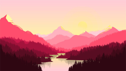 Minimal Pink Flat Design Mountain Range Background