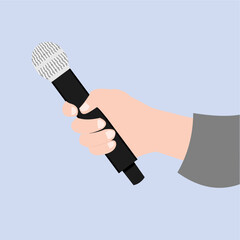 A journalist's hand holding out a microphone to get news from a direct source, flat art design style.
