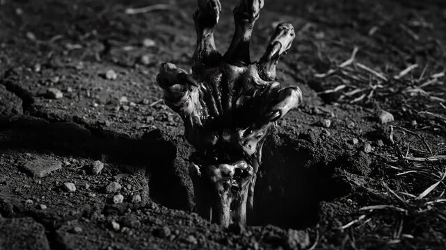 Zombie Hand Emerging from Grave - A decaying zombie hand claws its way out of the dark earth, its gruesome detail video in stark black and white.