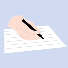 A hand writing on white paper with a black pen, recording important information, flat art design style.
