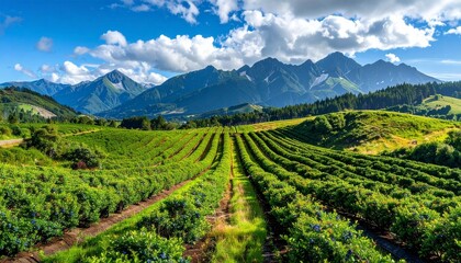 Fototapeta premium Lush Agricultural Field with Green Crops and Mountain Backdrop Under Blue Sky