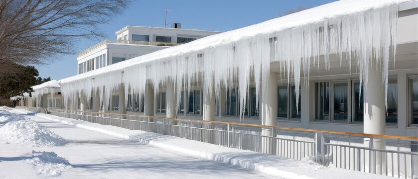 Icicles hang from the roofline of a modern building in a snowy landscape on a bright winter day