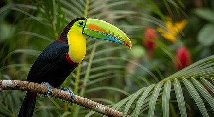Fototapeta premium Brightly Colored Toucan, a Tropical Bird with a Huge Bill, on a Branch