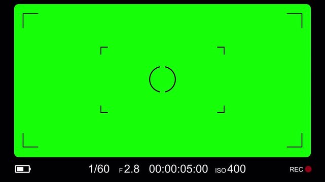 Camcorder viewfinder with green screen. Recording concept with timecode. Camera recording screen overlay. 4k