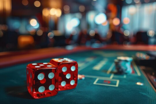 Two red dice showing seven on a casino craps table with chips and blurred background