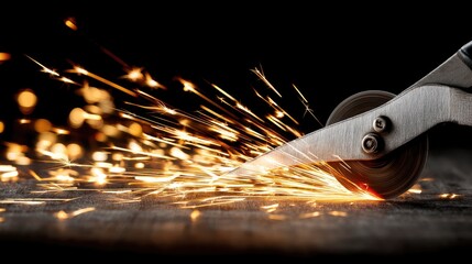 Sparks fly as metal is cut with precision using a tool in a dimly lit workshop environment, showcasing craftsmanship and skill during work