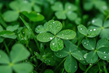 Close-up view of dew-covered clover leaves in a vibrant green garden during a bright morning