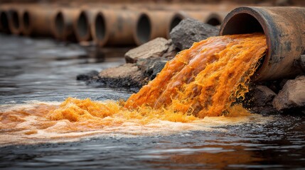 Polluted water flows from a pipe into a river, highlighting environmental issues and the need for clean water initiatives
