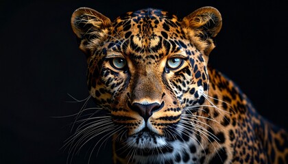 Obraz premium Leopard Face Close-Up with Intense Gaze on Dark Background