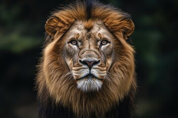 Obraz premium Majestic lion with a thick mane gazing into the distance in a natural habitat during daylight