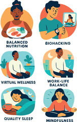 Set of flat vector illustrations showing healthy lifestyle concepts including balanced nutrition, biohacking, mindfulness, work life balance, quality sleep, and virtual wellness