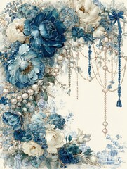 Beautiful blue floral arrangement with intricate details showcasing blooming flowers and elegant beads in soft colors on a light background