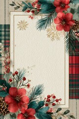Winter floral design with red flowers and green leaves in a rustic background for seasonal decorations and festive occasions