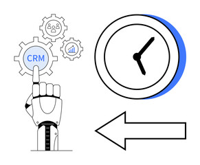 Robotic arm pointing at CRM gear with icons of people and analytics, large analog clock, arrow symbolizing organization, technology, and automation. Ideal for AI, CRM, productivity, time efficiency