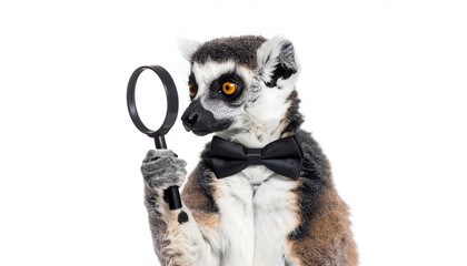 Fototapeta premium A Lemur Detective with Bowtie, Holding Magnifying Glass