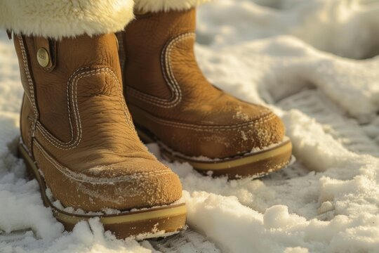Brown fur lined winter boots standing on a snow covered surface, enjoying the warm winter sunlight