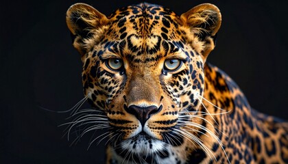 Obraz premium Leopard Face Close-Up with Intense Gaze on Dark Background