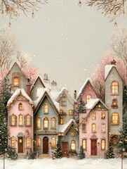 Beautiful winter scene of charming pastel houses adorned with lights during a gentle snow fall in a serene neighborhood