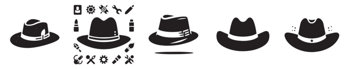 Fedora Hat Silhouette Vector Set – Classic Gentleman Hat, Vintage Fashion Accessory, Cowboy and Retro Style Headwear Icons for Apparel, Branding, and Design