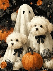 Cute dogs dressed as ghosts among pumpkins and flowers create a whimsical Halloween scene filled with charm and playful spirit