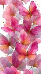 Colorful butterflies fluttering among soft pink flowers in a beautiful floral pattern