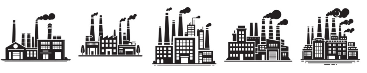 Industrial Factory Silhouette Vector Set – Manufacturing Plant, Power Station, and Industry Building Icons for Engineering, Production, and Construction Design
