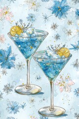 Refreshing blue drinks with lemon and ice in elegant glasses on a floral patterned background