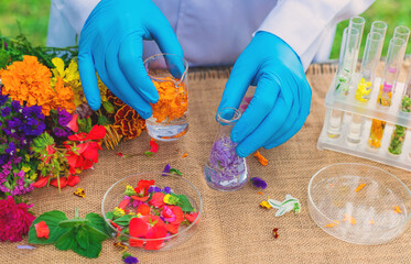 Flowers and test tubes for perfume making. Selective focus.