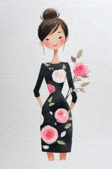 Young woman in floral dress holds pink roses while standing with a gentle smile, showcasing a delightful sense of style and elegance