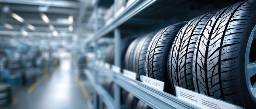 Fototapeta Wide selection of car tires displayed on shelves in a well-organized tire shop during the day for vehicle maintenance and replacement needs