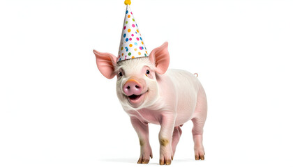 A miniature pig wearing a party hat and looking excited, isolated in white background