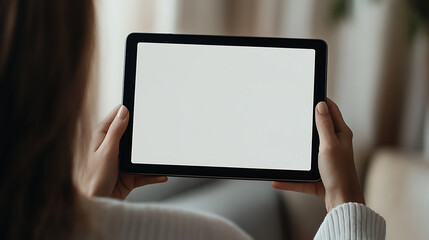 Person holding a tablet with a blank screen, ideal for showcasing apps, websites, or digital content. Modern tech for presentations and entertainment.