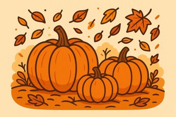 Cute illustration of pumpkins with falling leaves, autumn harvest, and seasonal vibes.