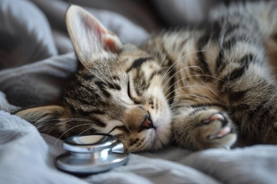 Adorable kitten sleeping peacefully near a stethoscope, symbolizing veterinary care and pet health