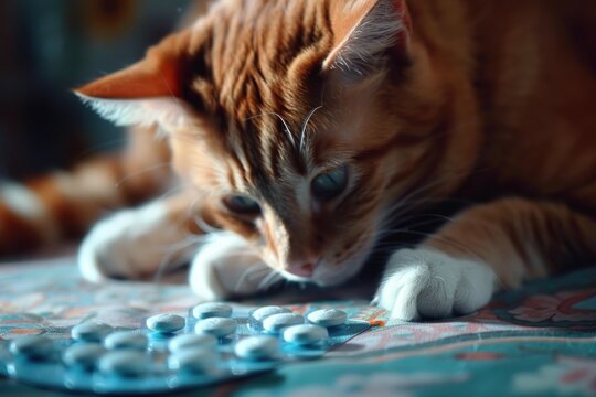 Curious ginger cat carefully inspecting a blister pack of blue pills lying on a patterned table