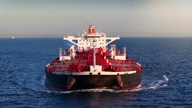 Aerial close-up front view of a heavy loaded crude oil tanker sailing over open ocean during sunset time