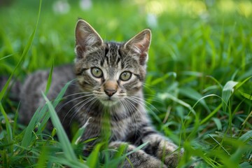 Fototapeta premium Adorable tabby kitten lying in the grass, enjoying a sunny day outdoors