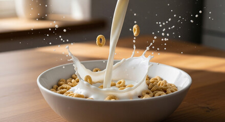 A dynamic shot of milk pouring into a bowl of cereal, creating a splash and capturing the essence of a delicious and wholesome breakfast