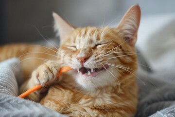 Ginger cat enjoys chewing a plastic object while lying down on a soft blanket, showing its playful nature and dental health