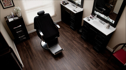 clippers. A neatly organized barber station with tools, soft lighting highlighting the professional setup. lifestyle magazines.