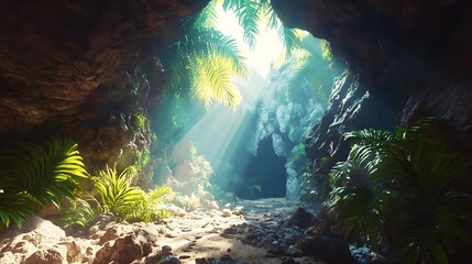 Sunbeam in Cave Natural Light Illuminating Mysterious Grotto