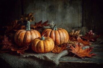 holiday Halloween pumpkins arranged with autumn leaves, rustic wooden surface, moody lighting