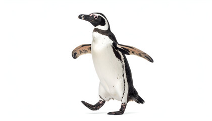 Penguin's Playful Strut A Delightful Bird Performing a Fun Dance on White, Smiling and Winking