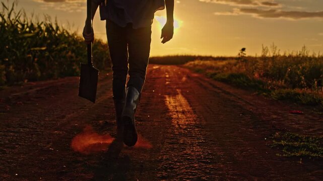 Farmer Walking Sunset Country Road 4k video