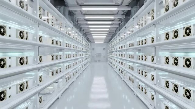 A data center with rows of server racks housing computer servers.