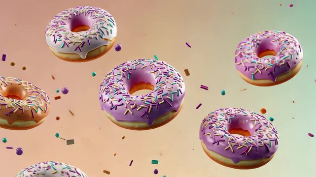 Colorful floating donuts with sprinkles in pastel background animation