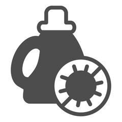 Detergent bottle with handle solid icon, antibacterial agent concept. Vector graphics. Bottle nd bacteria ban sign on white background, glyph style icon for mobile or web design.